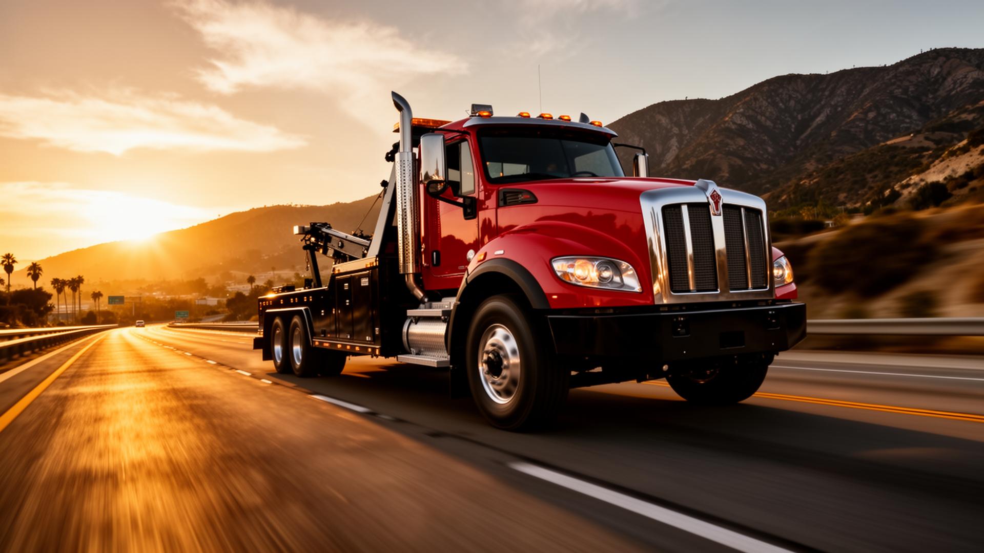 Red flatbed tow truck on a Riverside California highway